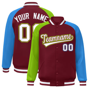 Custom Crimson Powder Blue-Neon Green Varsity Full-Snap Authentic Raglan Sleeves Letterman Bomber Jacket