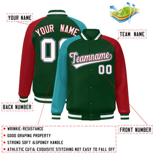 Custom Green Red-Aqua Varsity Full-Snap Authentic Raglan Sleeves Letterman Bomber Jacket