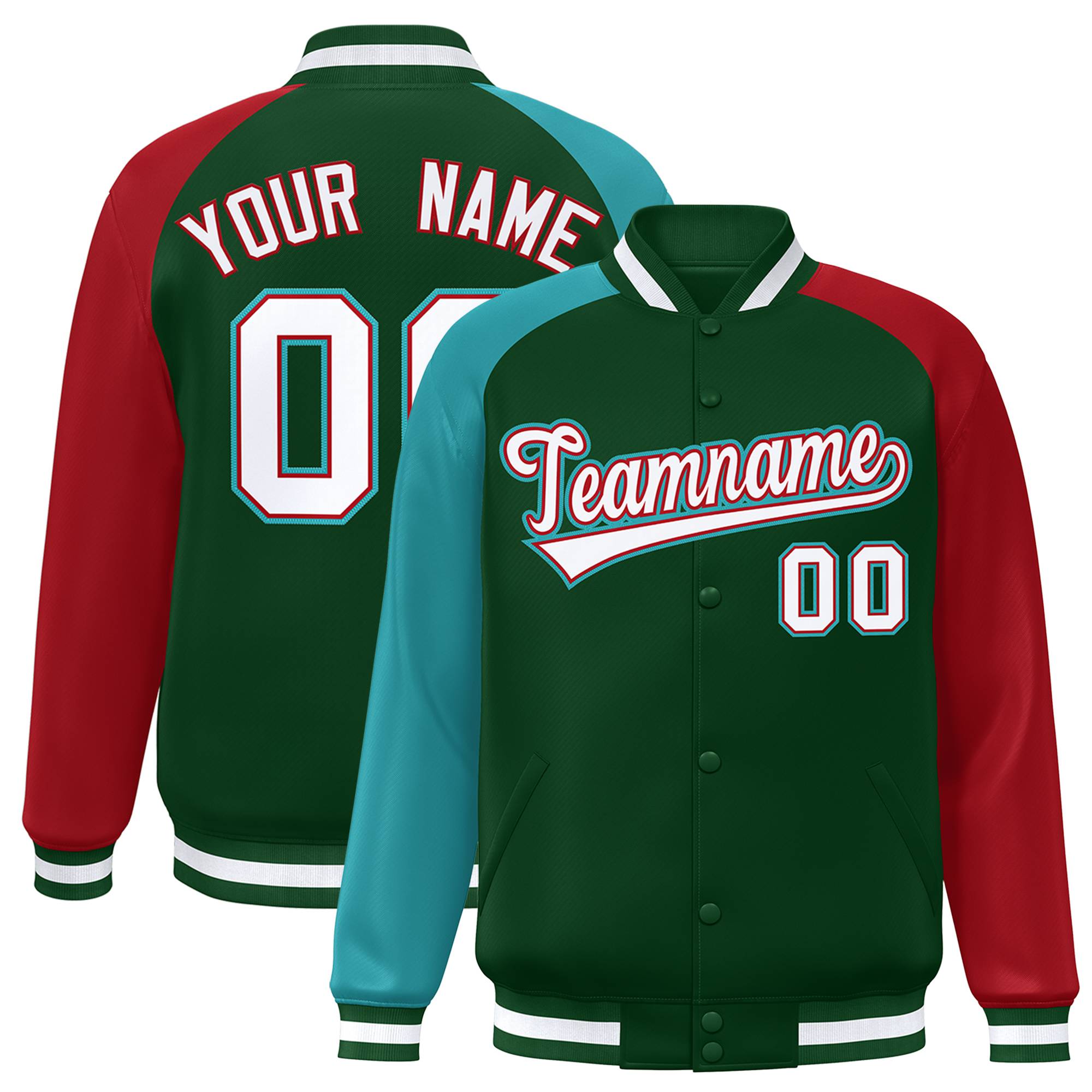 Custom Green Red-Aqua Varsity Full-Snap Authentic Raglan Sleeves Letterman Bomber Jacket