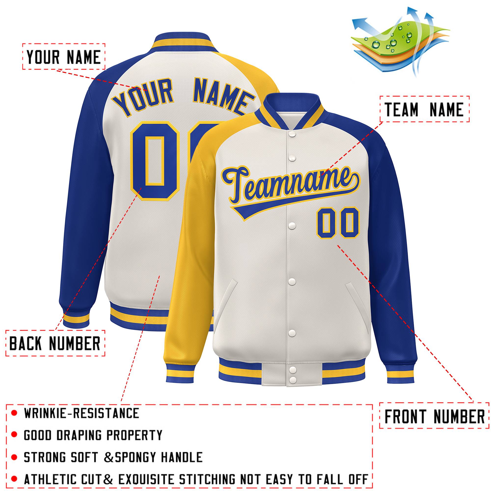 Custom Cream Royal-Gold Varsity Full-Snap Authentic Raglan Sleeves Letterman Bomber Jacket