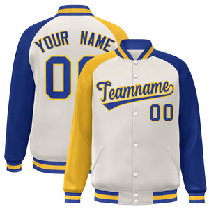 Custom Cream Royal-Gold Varsity Full-Snap Authentic Raglan Sleeves Letterman Bomber Jacket