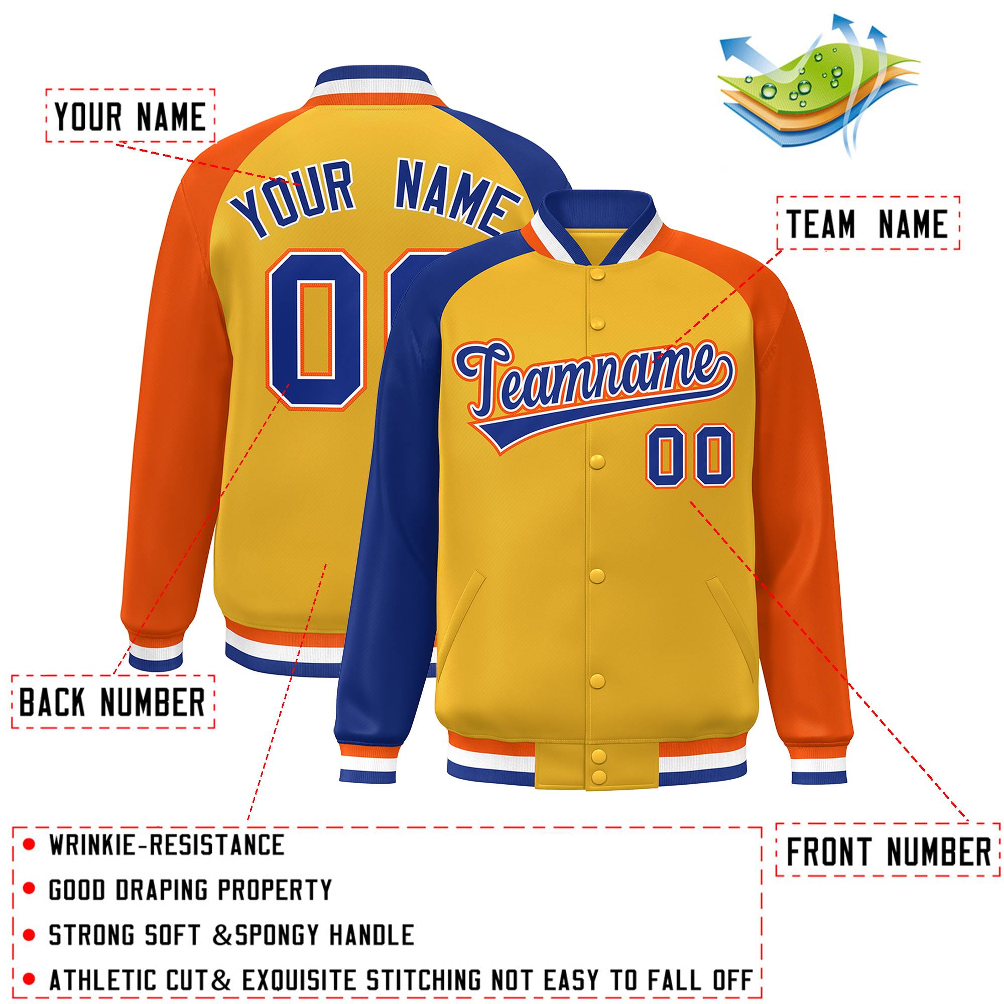 Custom Gold Orange-Royal Varsity Full-Snap Authentic Raglan Sleeves Letterman Bomber Jacket