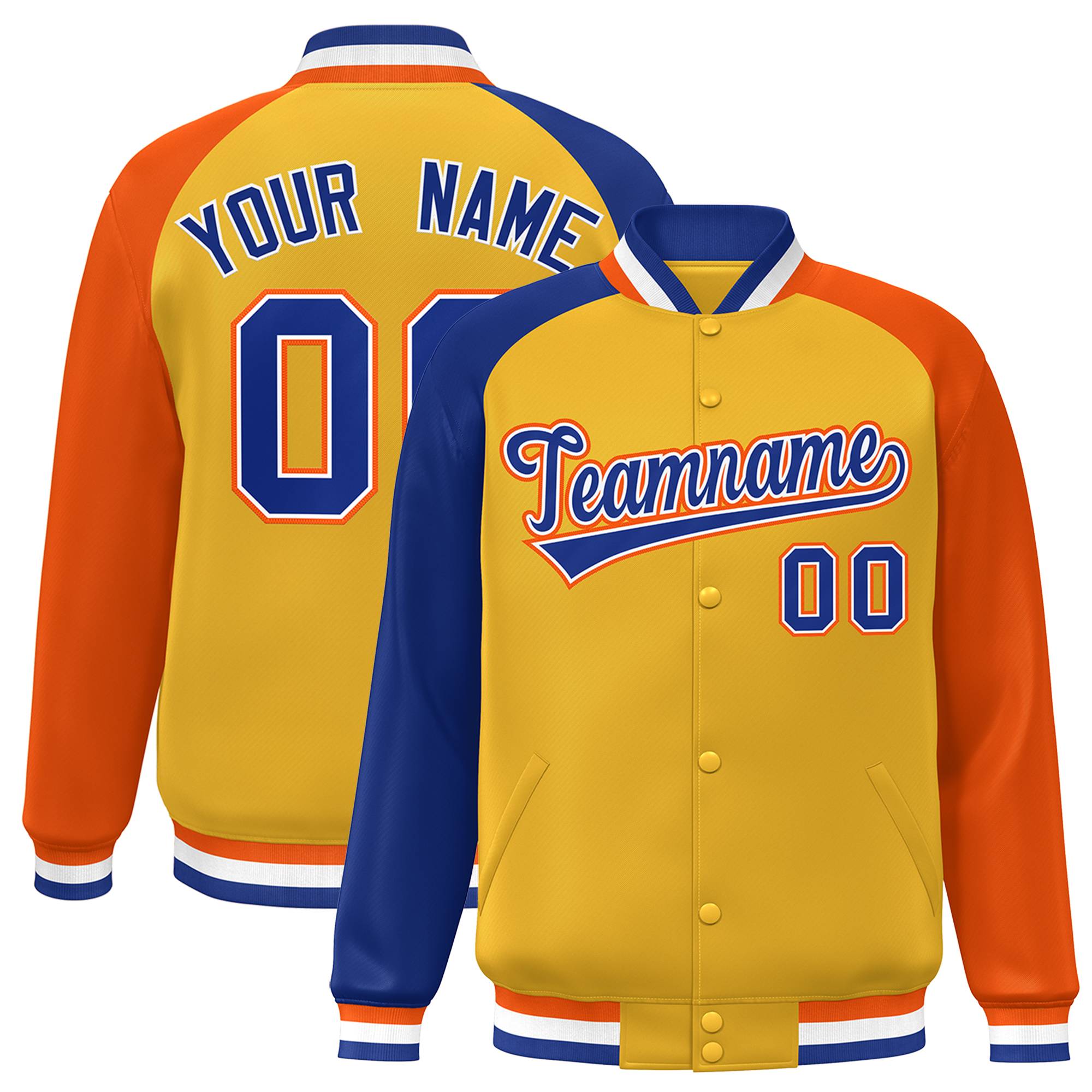 Custom Gold Orange-Royal Varsity Full-Snap Authentic Raglan Sleeves Letterman Bomber Jacket