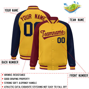 Custom Gold Navy-Crimson Varsity Full-Snap Authentic Raglan Sleeves Letterman Bomber Jacket