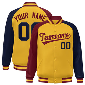 Custom Gold Navy-Crimson Varsity Full-Snap Authentic Raglan Sleeves Letterman Bomber Jacket