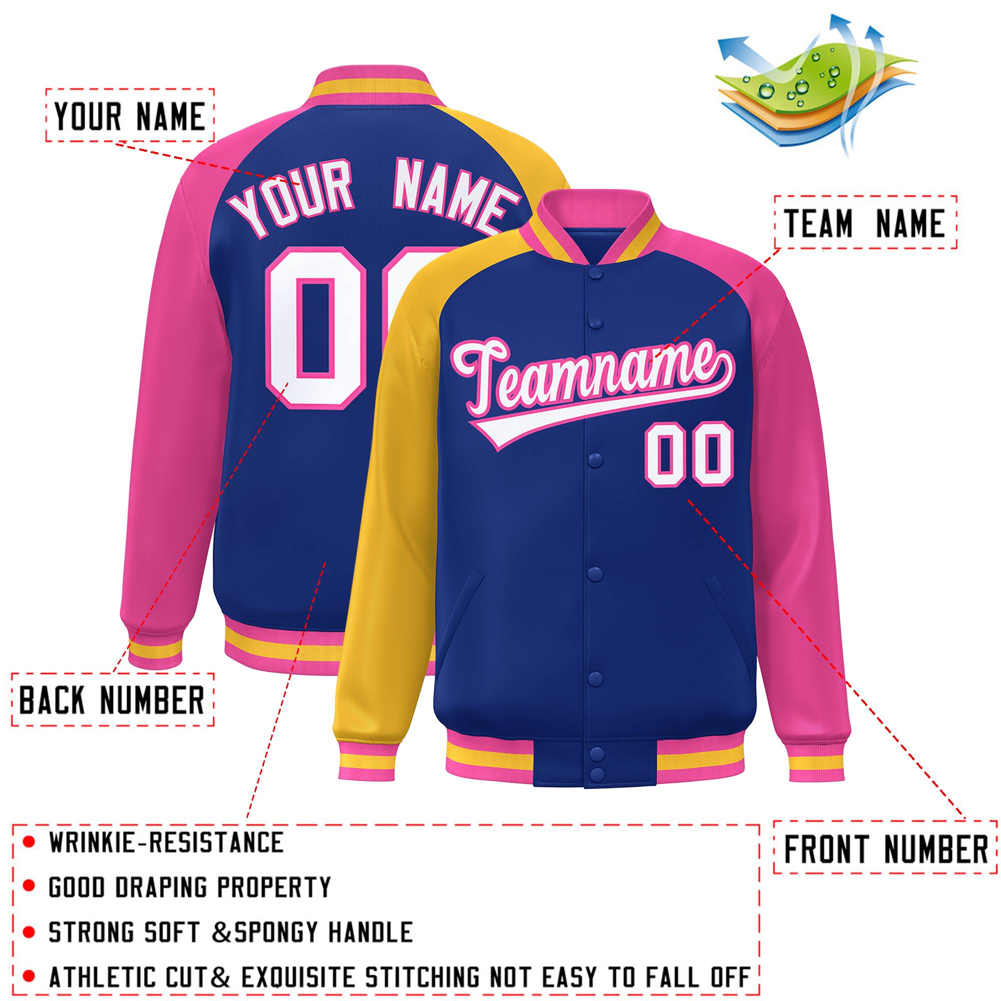 Custom Royal Pink-Gold Varsity Full-Snap Authentic Raglan Sleeves Letterman Bomber Jacket