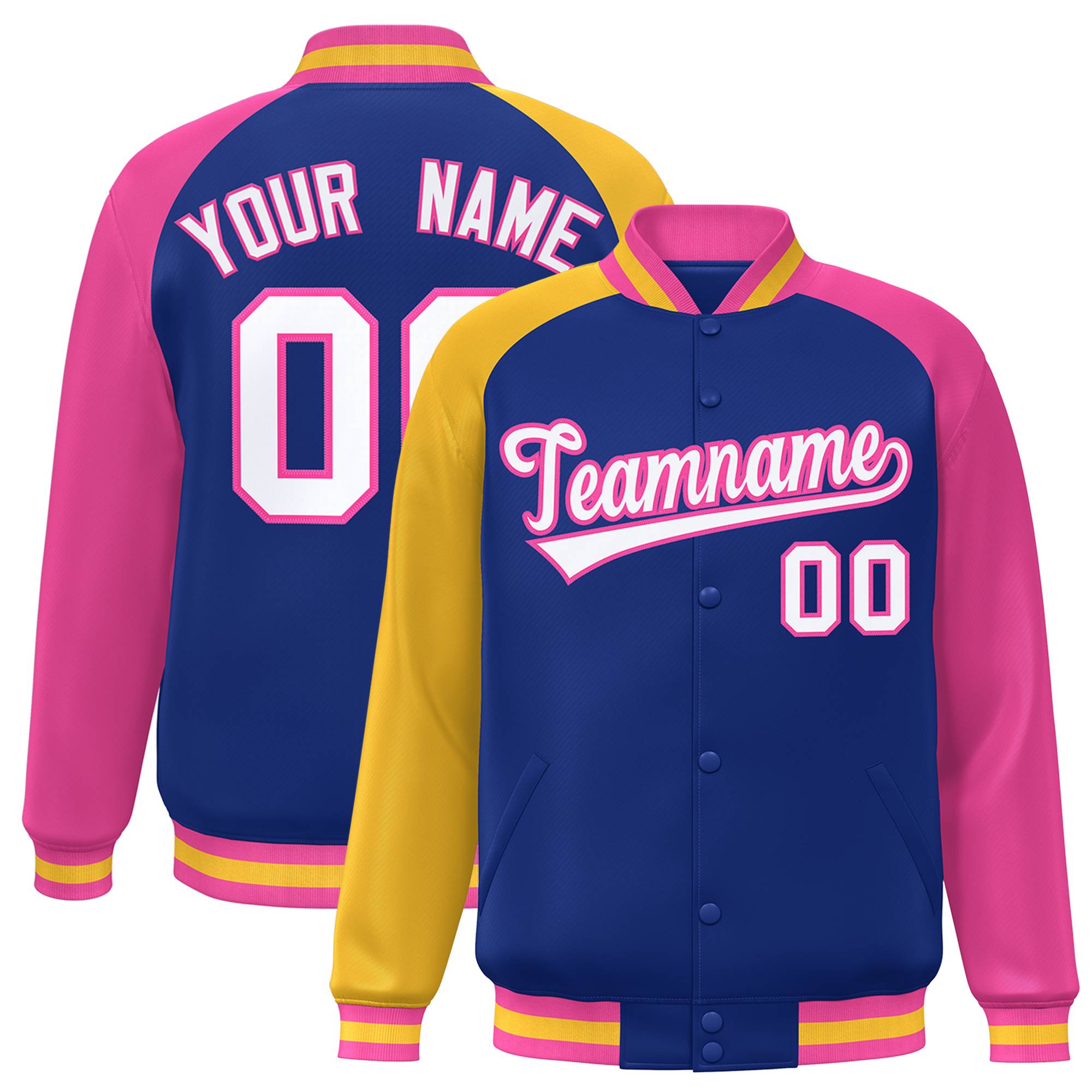 Custom Royal Pink-Gold Varsity Full-Snap Authentic Raglan Sleeves Letterman Bomber Jacket