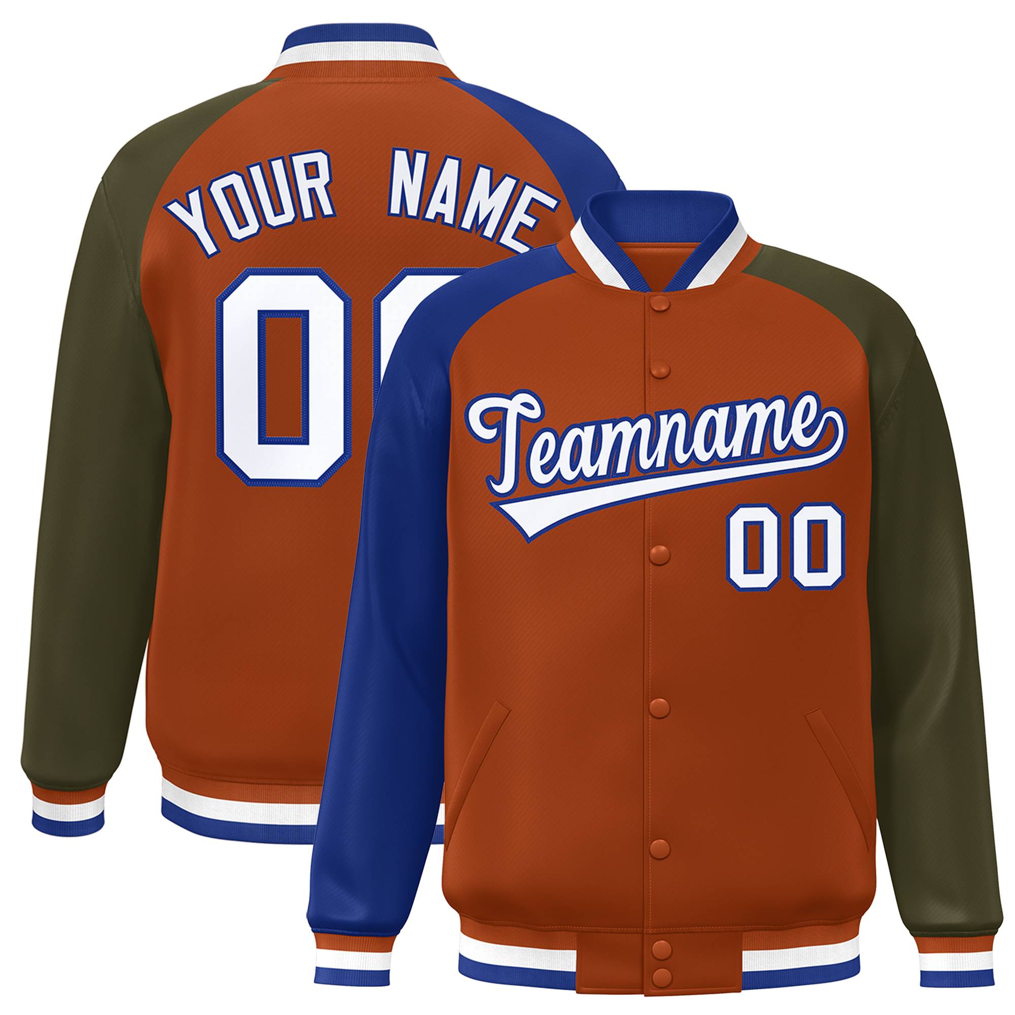 Custom Texas Orange Olive-Royal Varsity Full-Snap Authentic Raglan Sleeves Letterman Bomber Jacket