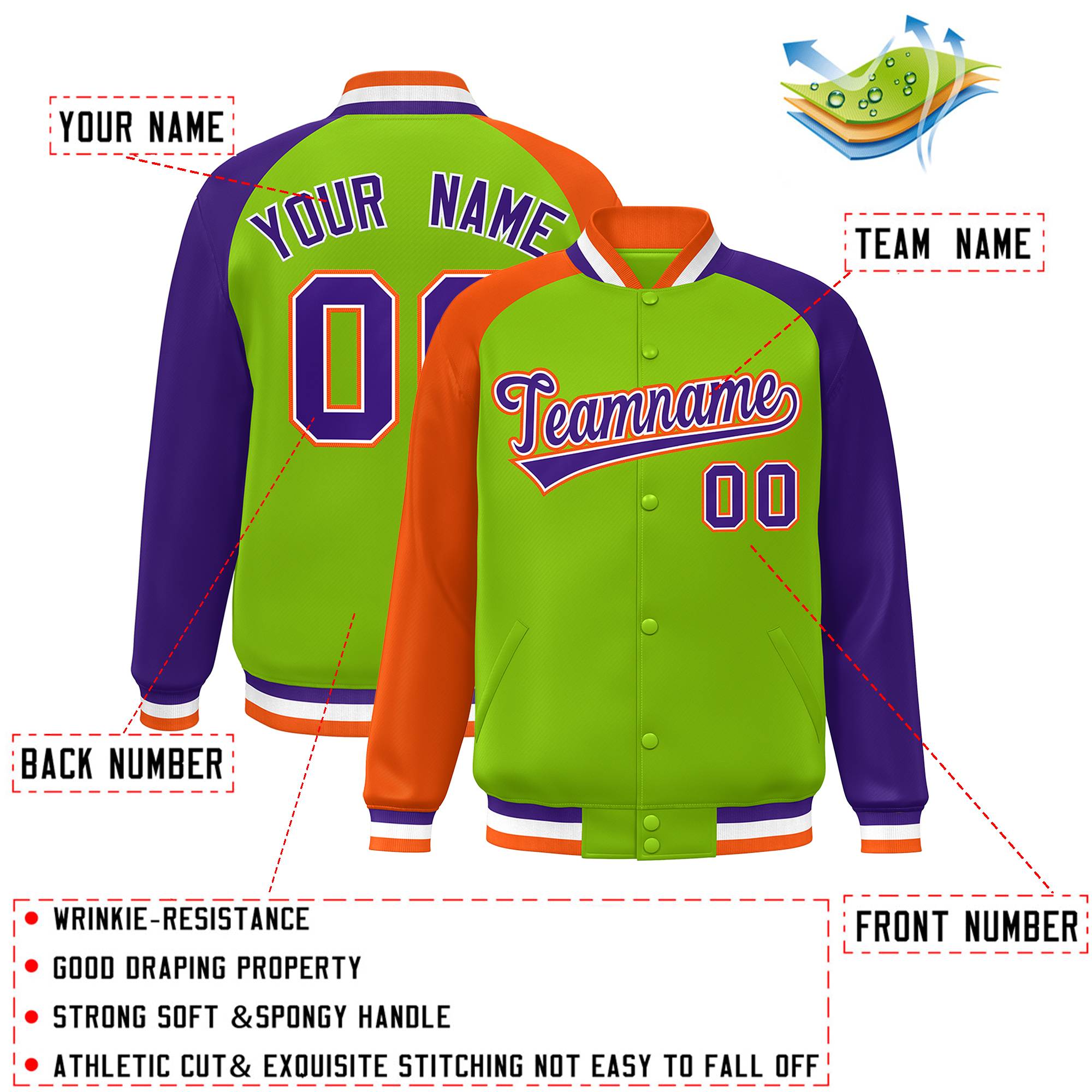 Custom Neon Green Purple-Orange Varsity Full-Snap Authentic Raglan Sleeves Letterman Bomber Jacket