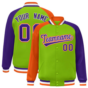 Custom Neon Green Purple-Orange Varsity Full-Snap Authentic Raglan Sleeves Letterman Bomber Jacket