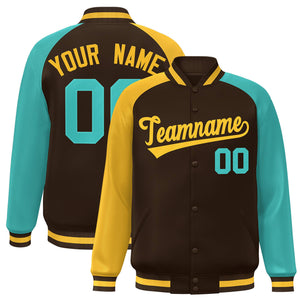 Custom Brown Bright Green-Gold Varsity Full-Snap Authentic Raglan Sleeves Letterman Bomber Jacket