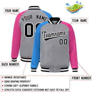 Custom Gray Pink-Powder Blue Varsity Full-Snap Authentic Raglan Sleeves Letterman Bomber Jacket