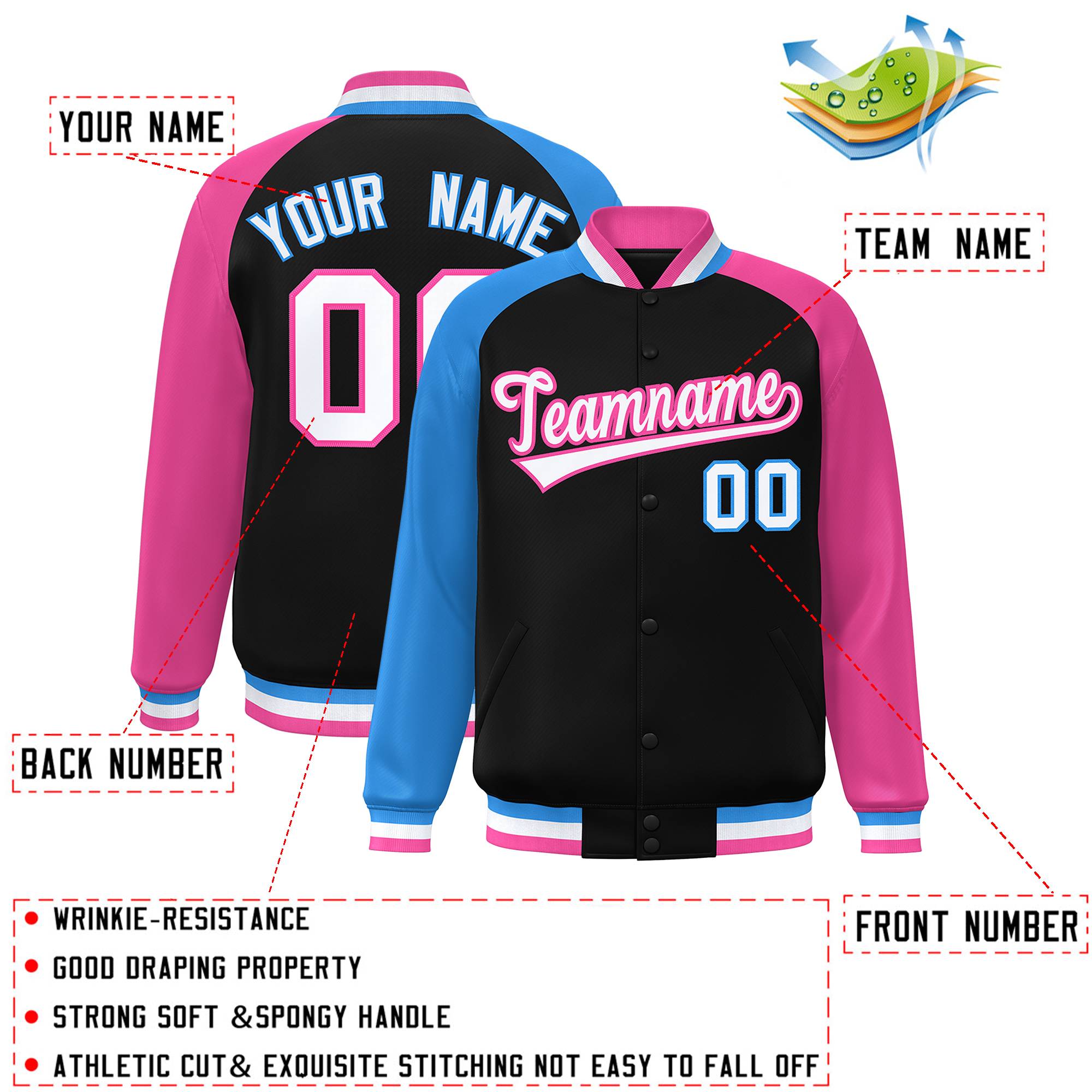 Custom Black Pink-Powder Blue Varsity Full-Snap Authentic Raglan Sleeves Letterman Bomber Jacket