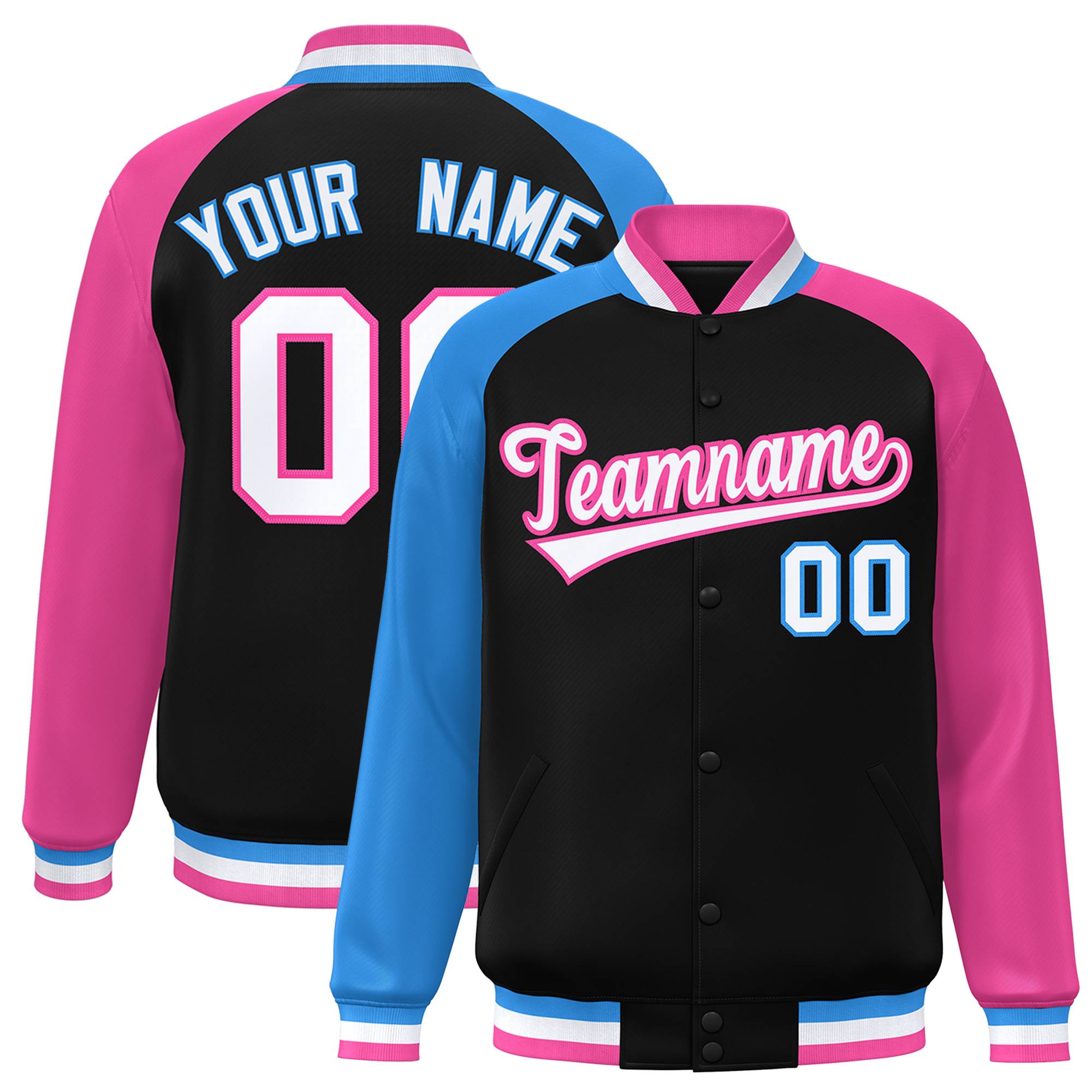 Custom Black Pink-Powder Blue Varsity Full-Snap Authentic Raglan Sleeves Letterman Bomber Jacket