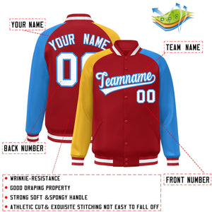 Custom Red Powder Blue-Gold Varsity Full-Snap Authentic Raglan Sleeves Letterman Bomber Jacket