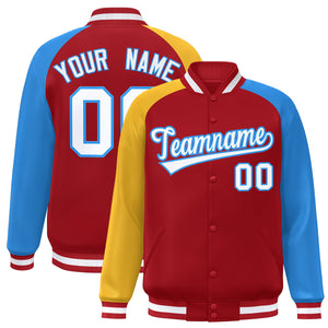 Custom Red Powder Blue-Gold Varsity Full-Snap Authentic Raglan Sleeves Letterman Bomber Jacket