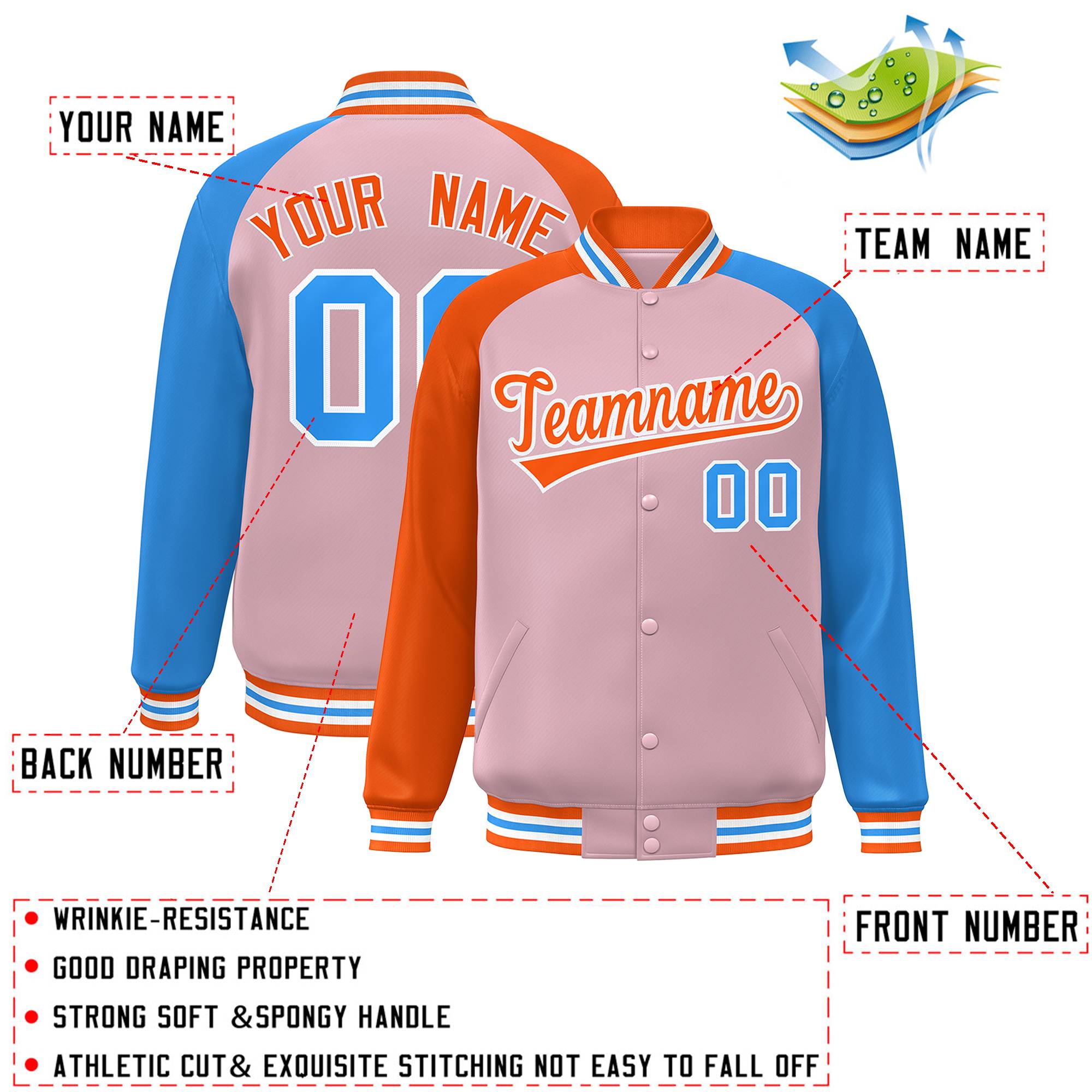 Custom Light Pink Powder Blue-Orange Varsity Full-Snap Authentic Raglan Sleeves Letterman Bomber Jacket