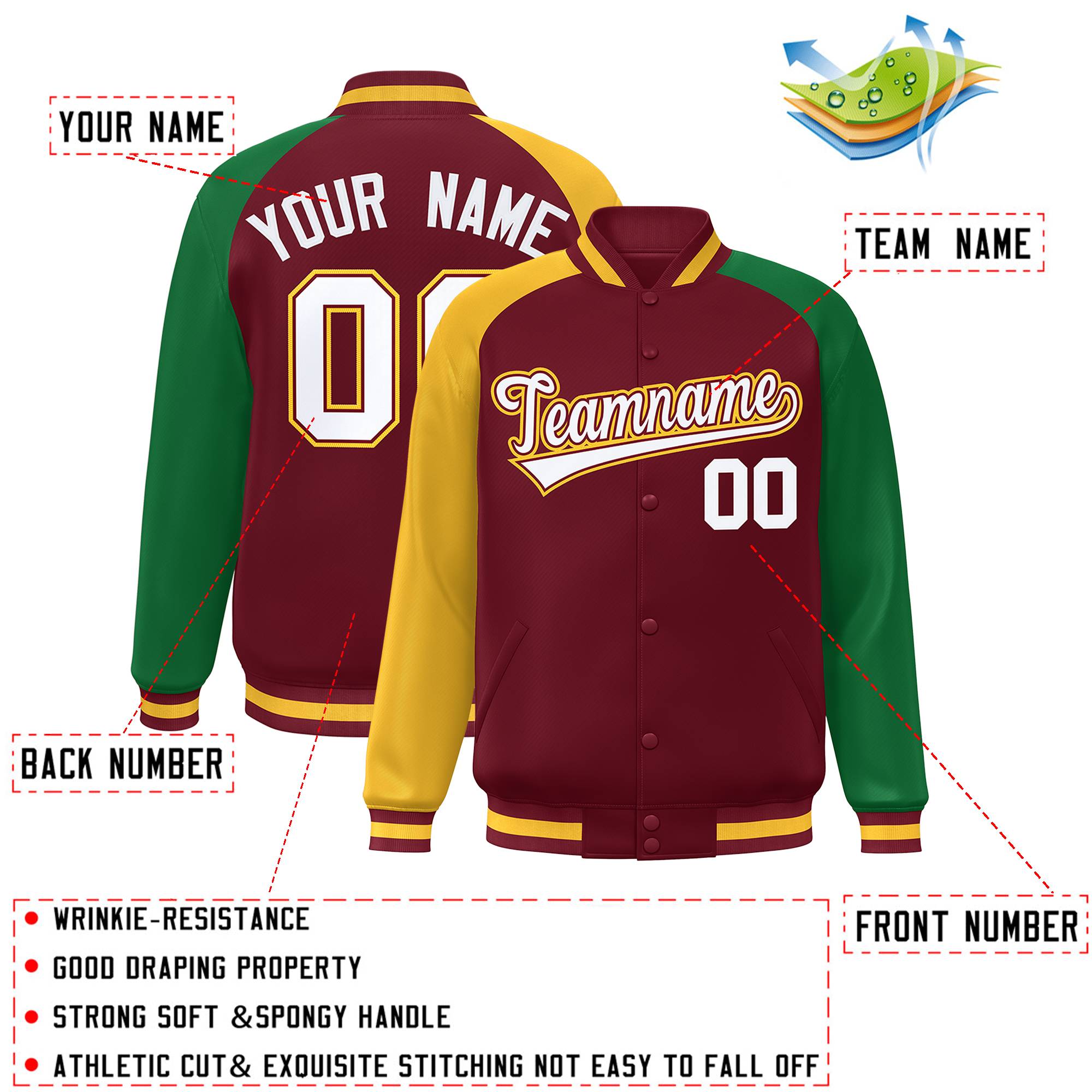 Custom Crimson Kelly Green-Gold Varsity Full-Snap Authentic Raglan Sleeves Letterman Bomber Jacket