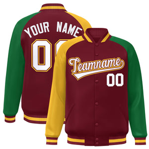 Custom Crimson Kelly Green-Gold Varsity Full-Snap Authentic Raglan Sleeves Letterman Bomber Jacket