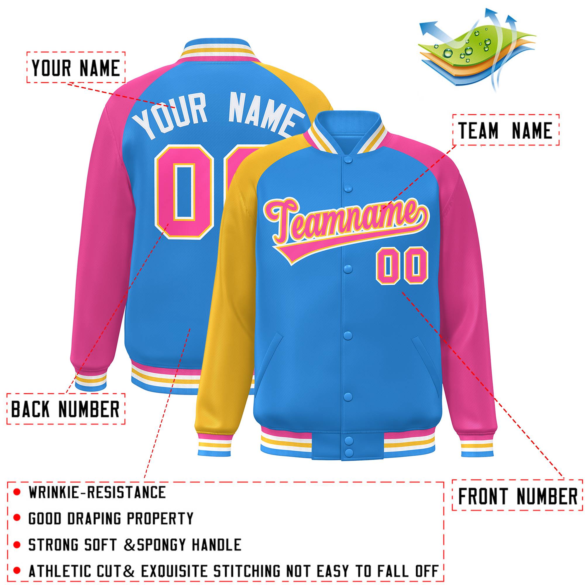 Custom Powder Blue Pink-Gold Varsity Full-Snap Authentic Raglan Sleeves Letterman Bomber Jacket