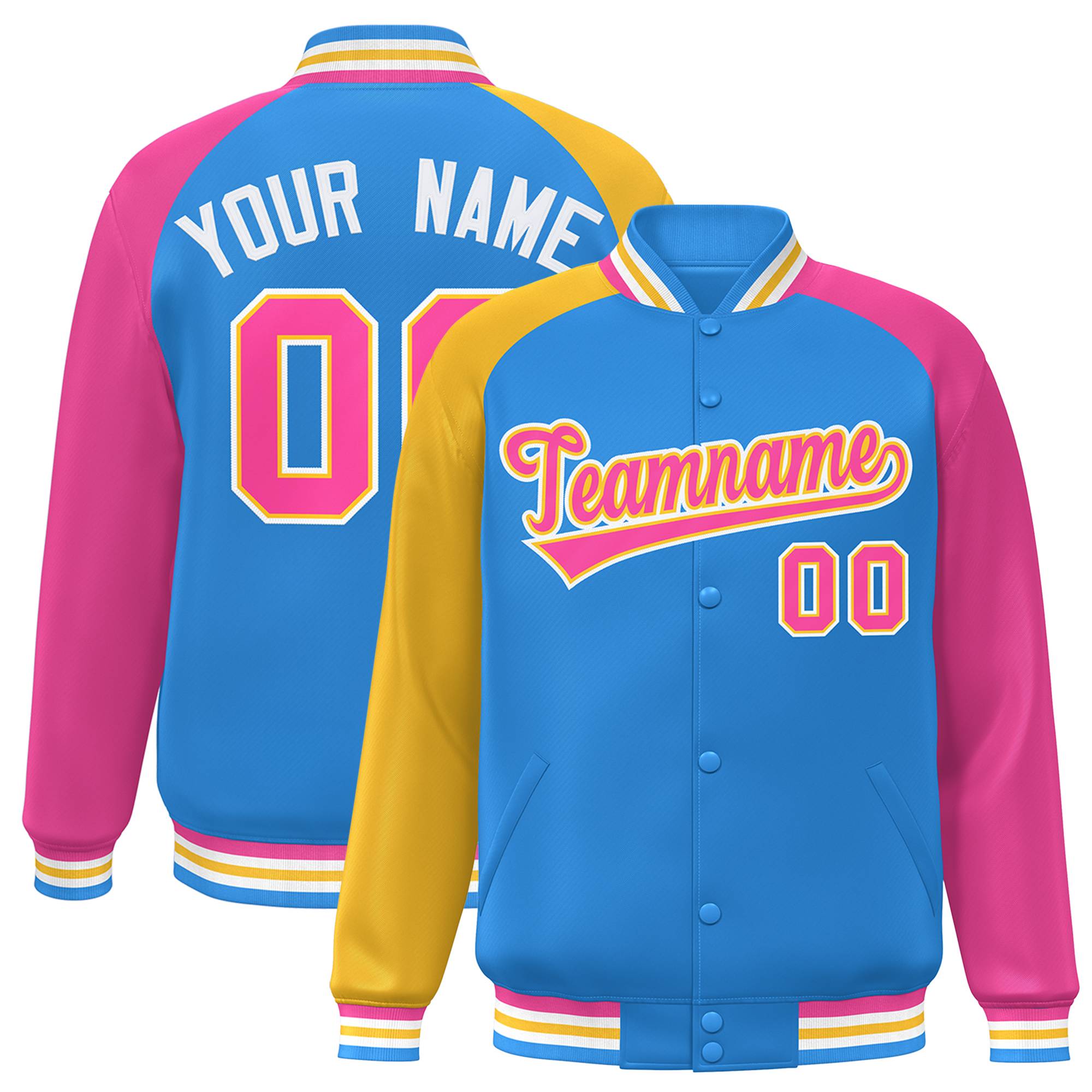 Custom Powder Blue Pink-Gold Varsity Full-Snap Authentic Raglan Sleeves Letterman Bomber Jacket