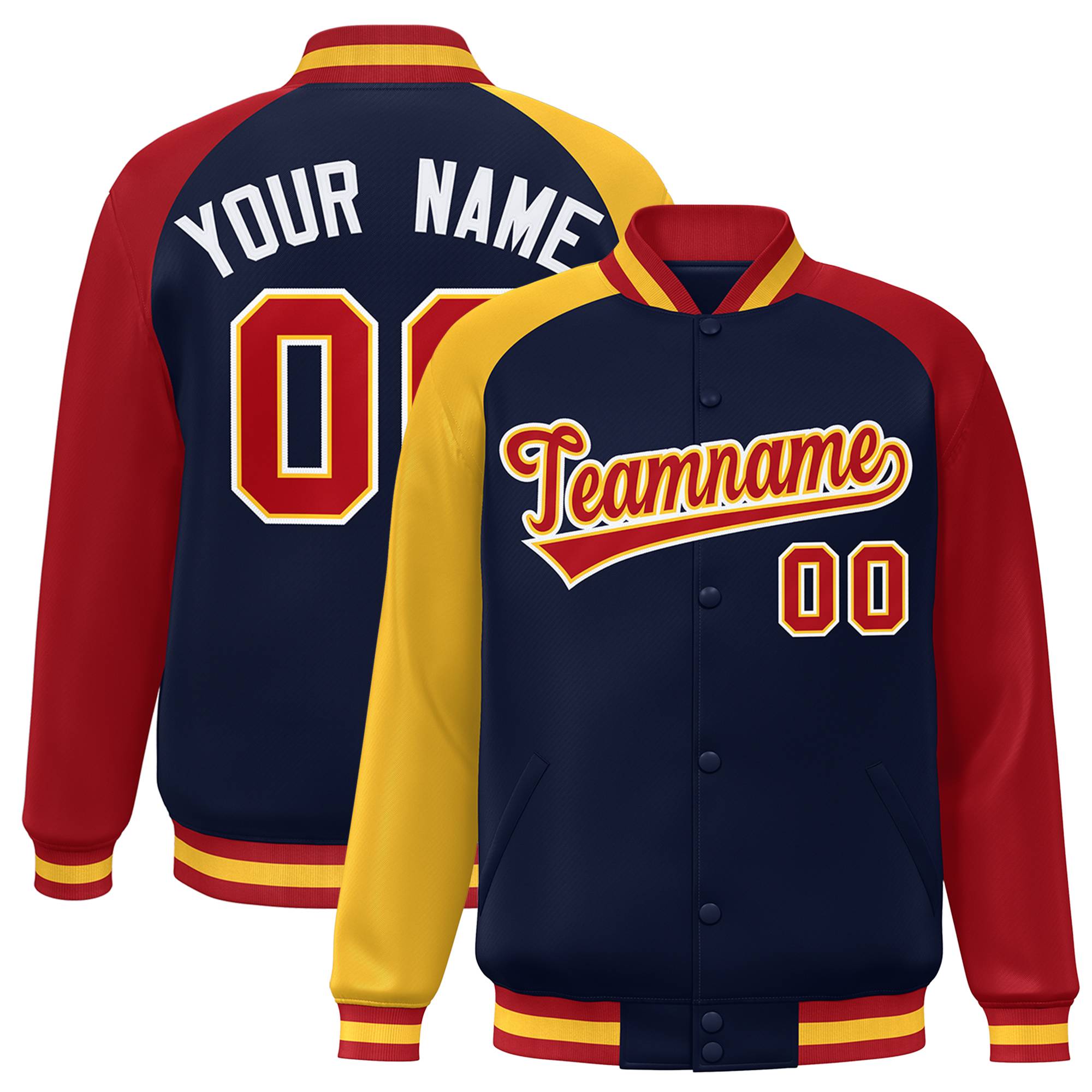 Custom Navy Red-Gold Varsity Full-Snap Authentic Raglan Sleeves Letterman Bomber Jacket