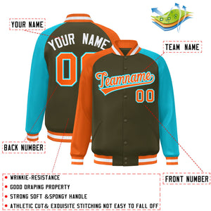 Custom Olive Sky Blue-Orange Varsity Full-Snap Authentic Raglan Sleeves Letterman Bomber Jacket