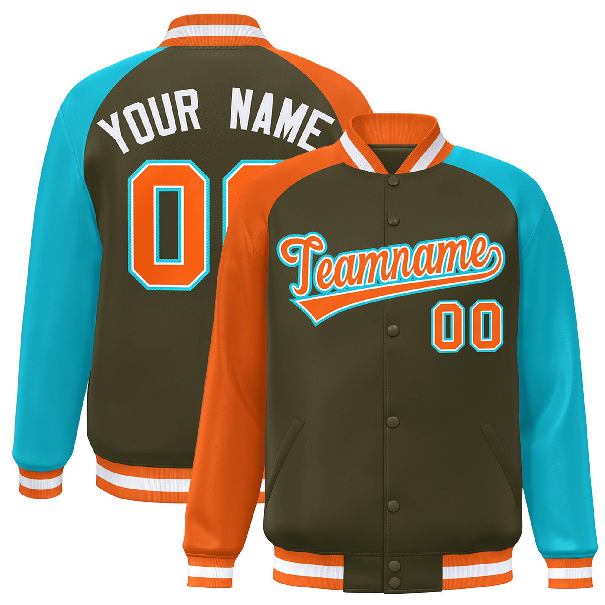 Custom Olive Sky Blue-Orange Varsity Full-Snap Authentic Raglan Sleeves Letterman Bomber Jacket