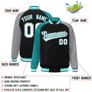 Custom Black Gray-Aqua Varsity Full-Snap Authentic Raglan Sleeves Letterman Bomber Jacket