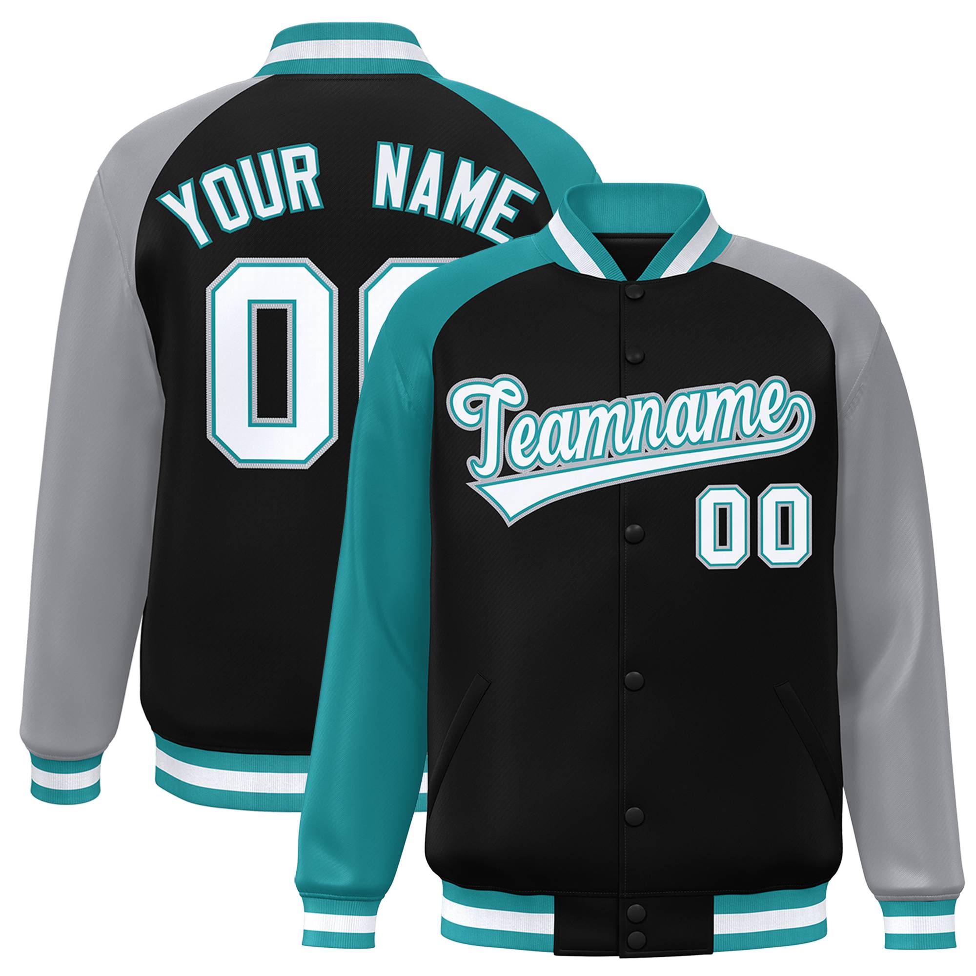 Custom Black Gray-Aqua Varsity Full-Snap Authentic Raglan Sleeves Letterman Bomber Jacket