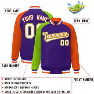 Custom Purple Orange-Neon Green Varsity Full-Snap Authentic Raglan Sleeves Letterman Bomber Jacket