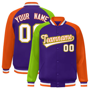 Custom Purple Orange-Neon Green Varsity Full-Snap Authentic Raglan Sleeves Letterman Bomber Jacket