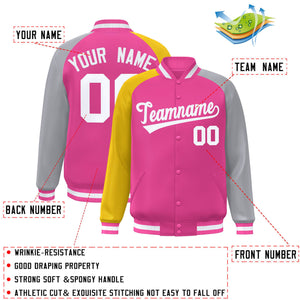 Custom Pink Gray-Gold Varsity Full-Snap Authentic Raglan Sleeves Letterman Bomber Jacket