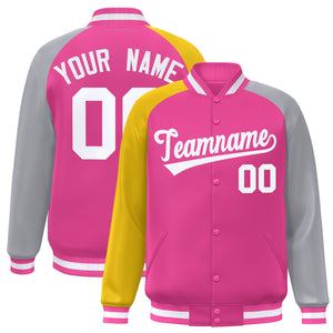 Custom Pink Gray-Gold Varsity Full-Snap Authentic Raglan Sleeves Letterman Bomber Jacket