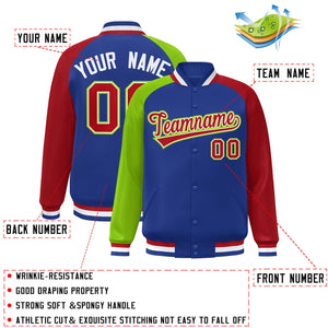 Custom Royal Red-Neon Green Varsity Full-Snap Authentic Raglan Sleeves Letterman Bomber Jacket