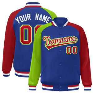 Custom Royal Red-Neon Green Varsity Full-Snap Authentic Raglan Sleeves Letterman Bomber Jacket