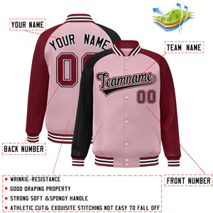 Custom Light Pink Crimson-Black Varsity Full-Snap Authentic Raglan Sleeves Letterman Bomber Jacket