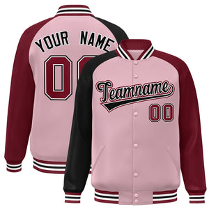 Custom Light Pink Crimson-Black Varsity Full-Snap Authentic Raglan Sleeves Letterman Bomber Jacket