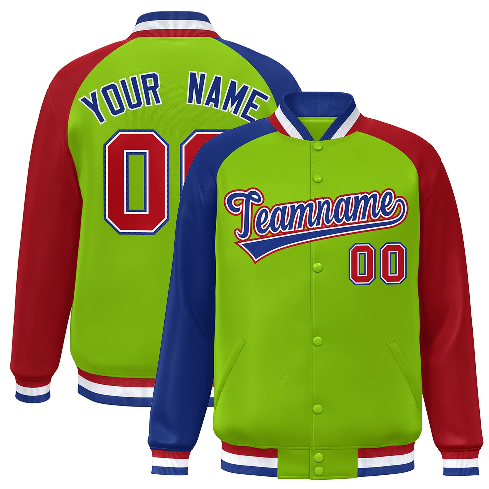 Custom Neon Green Red-Royal Varsity Full-Snap Authentic Raglan Sleeves Letterman Bomber Jacket