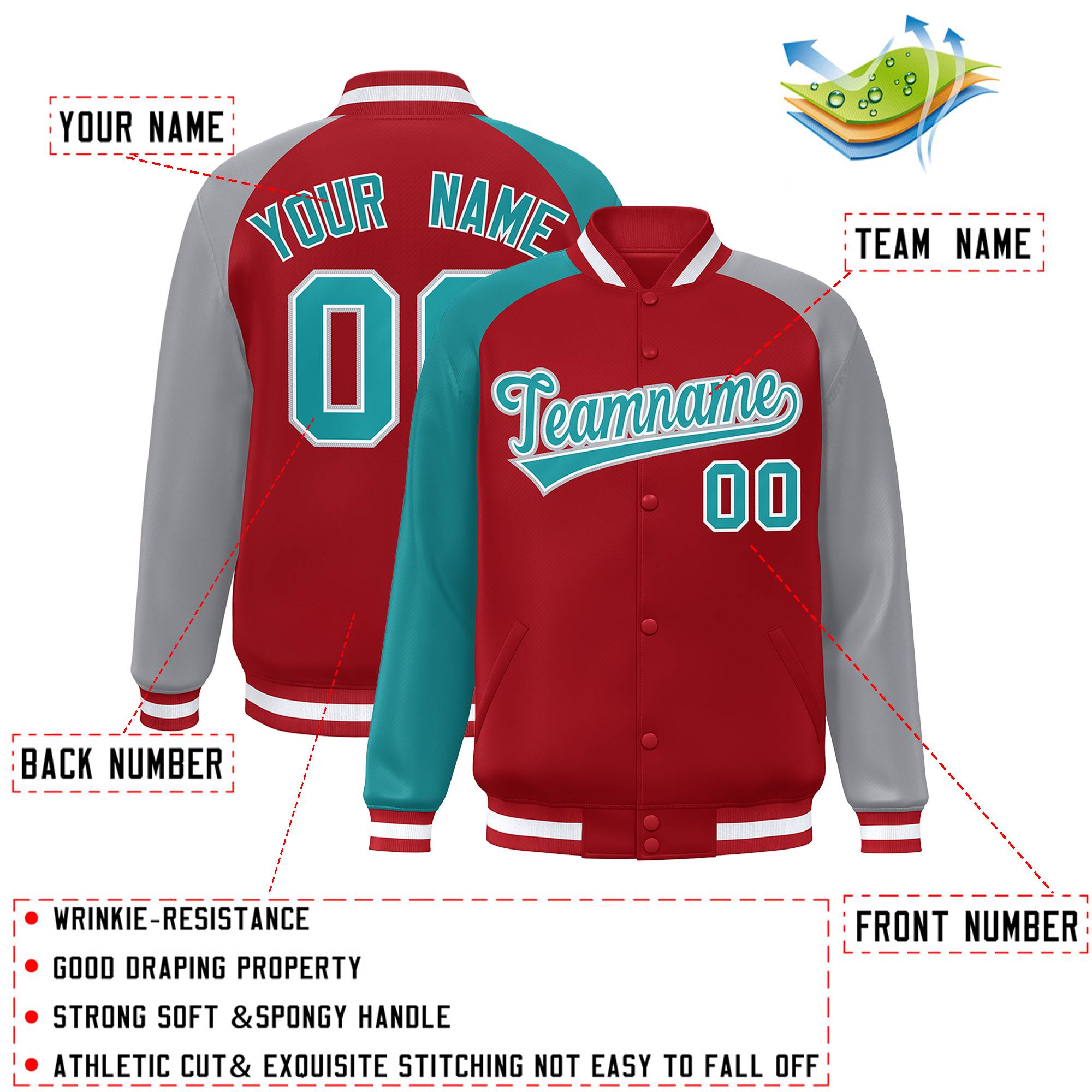 Custom Red Gray-Aqua Varsity Full-Snap Authentic Raglan Sleeves Letterman Bomber Jacket