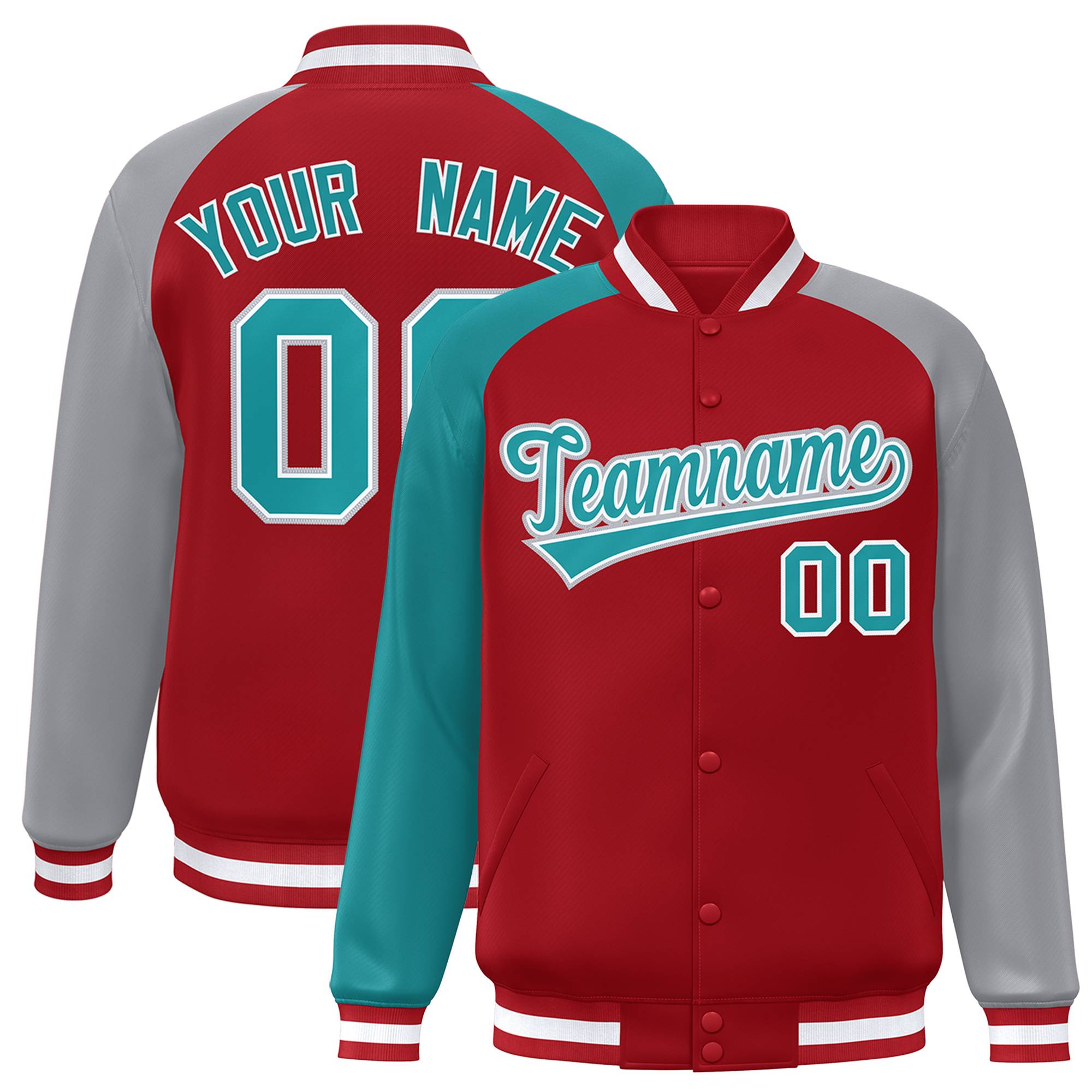 Custom Red Gray-Aqua Varsity Full-Snap Authentic Raglan Sleeves Letterman Bomber Jacket