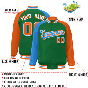 Custom Kelly Green Orange-Powder Blue Varsity Full-Snap Authentic Raglan Sleeves Letterman Bomber Jacket