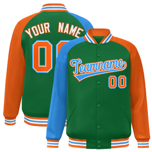 Custom Kelly Green Orange-Powder Blue Varsity Full-Snap Authentic Raglan Sleeves Letterman Bomber Jacket