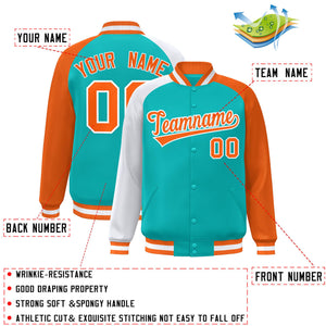 Custom Aqua Orange-White Varsity Full-Snap Authentic Raglan Sleeves Letterman Bomber Jacket