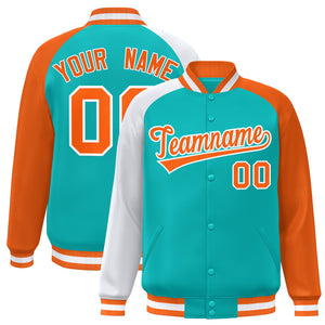 Custom Aqua Orange-White Varsity Full-Snap Authentic Raglan Sleeves Letterman Bomber Jacket