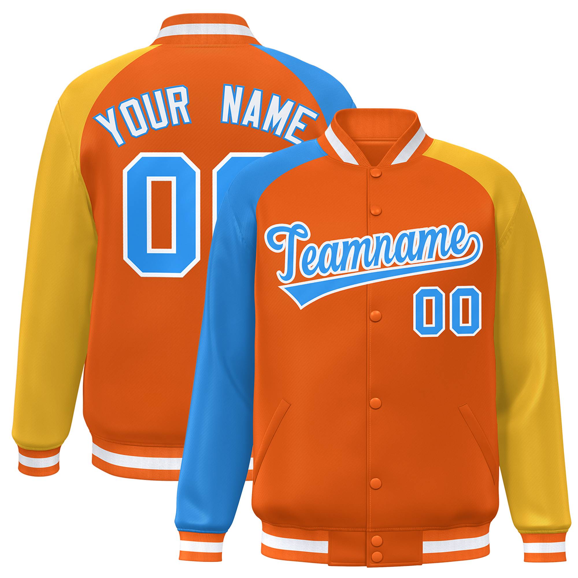 Custom Orange Gold-Royal Varsity Full-Snap Authentic Raglan Sleeves Letterman Bomber Jacket