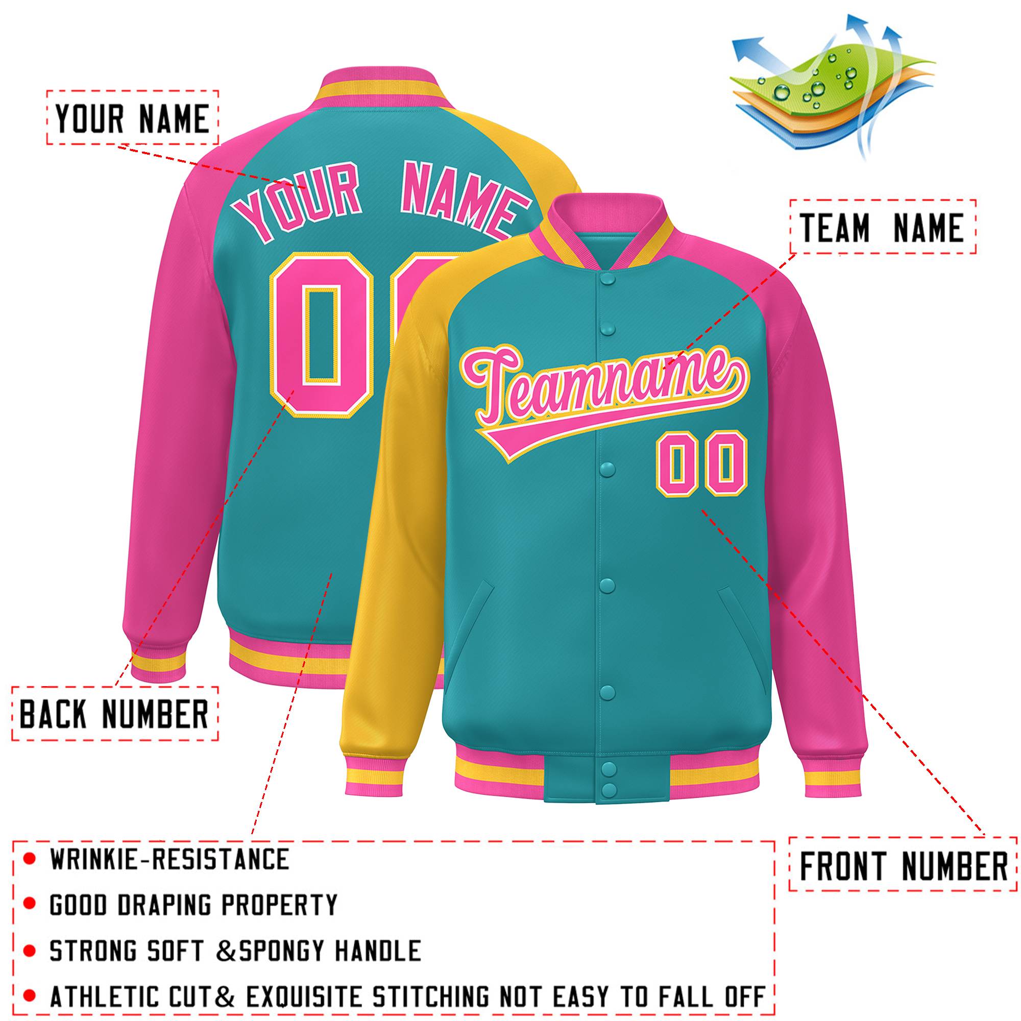 Custom Aqua Pink-Gold Varsity Full-Snap Authentic Raglan Sleeves Letterman Bomber Jacket