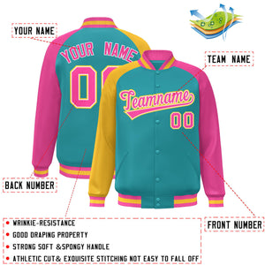 Custom Aqua Pink-Gold Varsity Full-Snap Authentic Raglan Sleeves Letterman Bomber Jacket