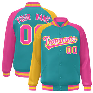 Custom Aqua Pink-Gold Varsity Full-Snap Authentic Raglan Sleeves Letterman Bomber Jacket