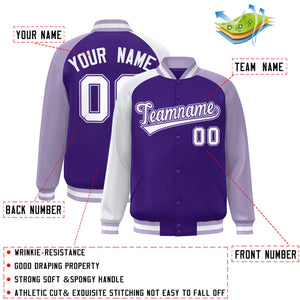 Custom Purple Light Purple-White Varsity Full-Snap Authentic Raglan Sleeves Letterman Bomber Jacket